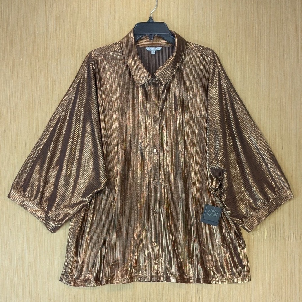 John Mark Metallic Bronze Disco Plisse Button Down Shirt Size 2X Party Festive